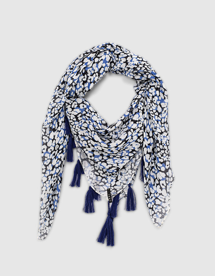 Carré fin motif léopard noir et bleu sur fond blanc femme-1