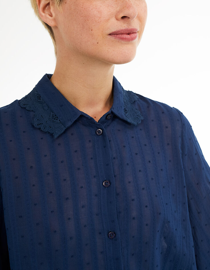 Marineblaues Hemd mit Spitze und Stickerei I.Code -4
