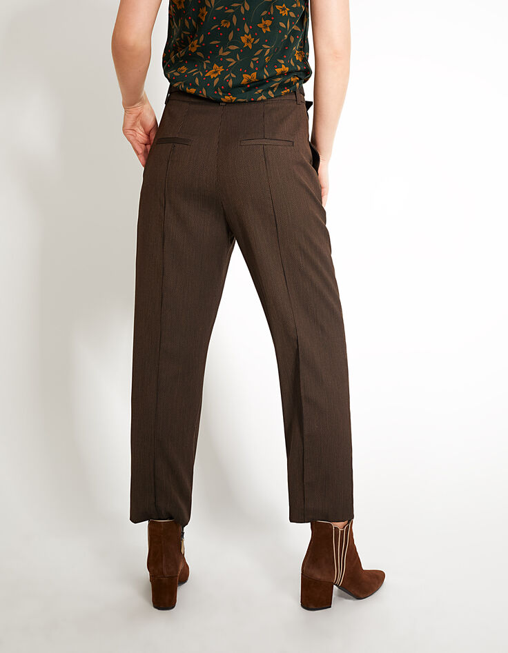 Pantalon cognac en tissu jacquard à taille haute I.Code-2
