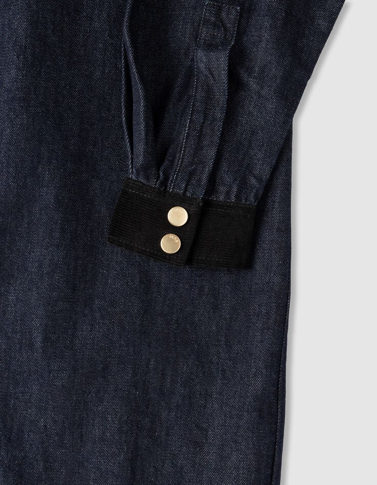 Blaues Damen-Jeanshemdkleid Samtkragen und -manschetten-5 Blaues Damen-Jeanshemdkleid Samtkragen und -manschetten-5