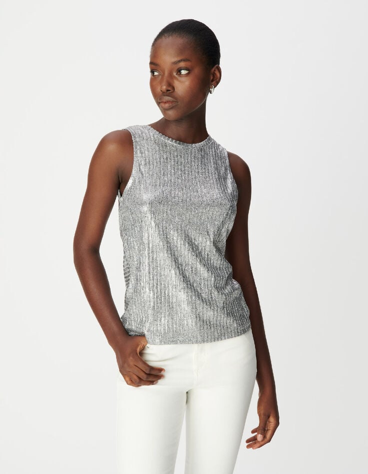 Zilverkleurig mouwloos T-shirt met strik dames-4