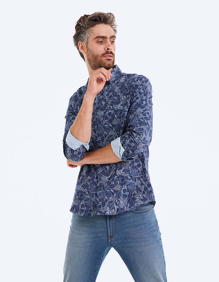 Indigoblauw slim fit overhemd met stippenprint-1