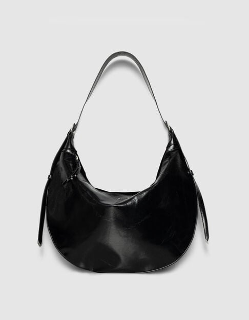 Sac demi-lune noir cuir glac&eacute; Allane Femme - IKKS