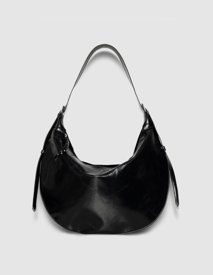 Sac demi-lune noir cuir glac&eacute; Allane Femme-1