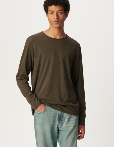 Men&rsquo;s khaki organic cotton Essential long-sleeve T-shirt - IKKS