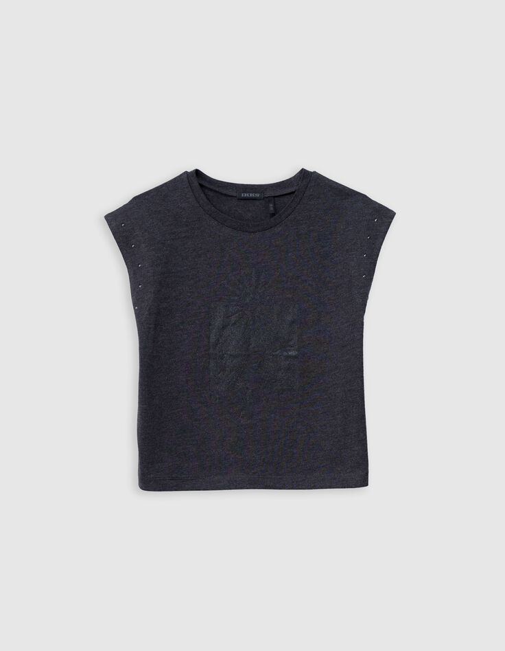 Graues Mädchen-T-Shirt mit Glitzermotiven und Nieten-4
