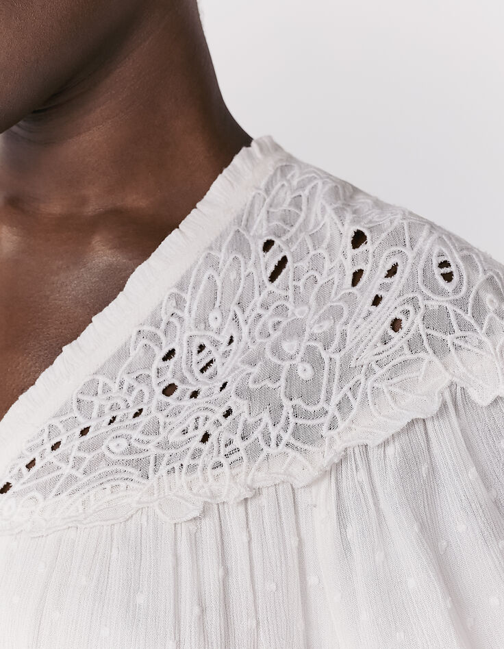 Women’s white embroidered collar dotted Swiss crepe dress-5