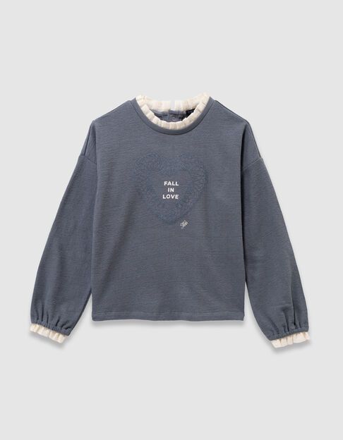 Girls’ blue embroidered long-sleeved T-shirt, ruff collar - IKKS