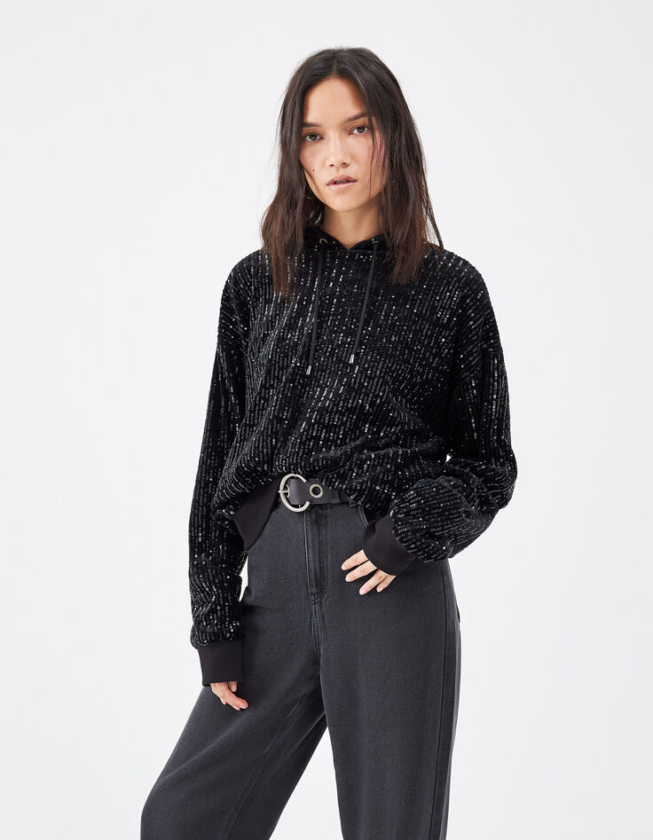 Sweat avec sequins brodés sur velours femme-1