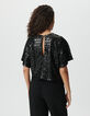 Top noir brodé sequins manches papillon Femme-3