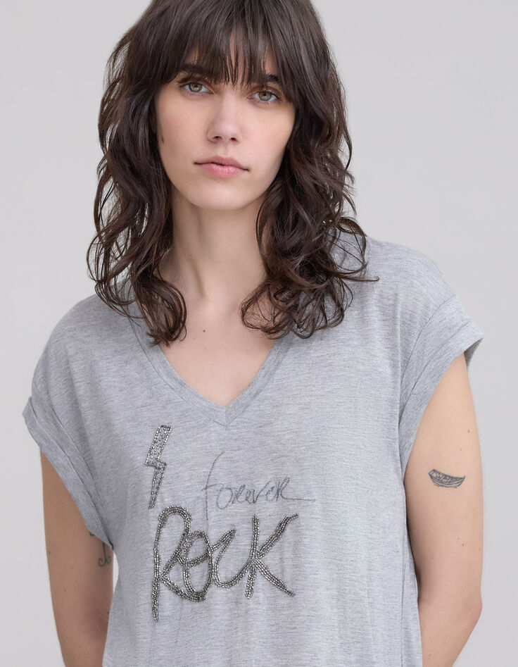 Graues Damen-T-Shirt mit gesticktem Schriftzug mit Perlen-5