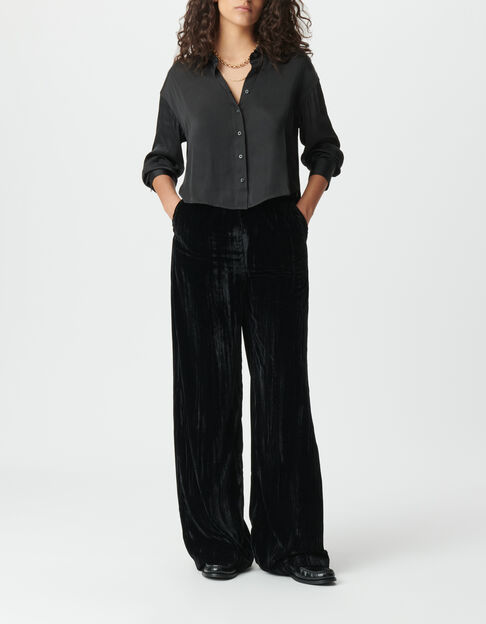 Weite schwarze Damenhose Knittersamt - IKKS