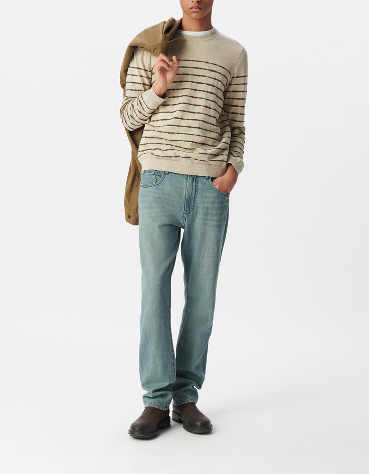 Beiger Herren-Matrosenpulli Feinstrick khaki Streifen-2