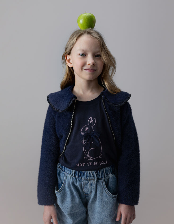 Marineblaues Mädchen-T-Shirt Biobaumwolle Hase Band 3D-1 Marineblaues Mädchen-T-Shirt Biobaumwolle Hase Band 3D-1