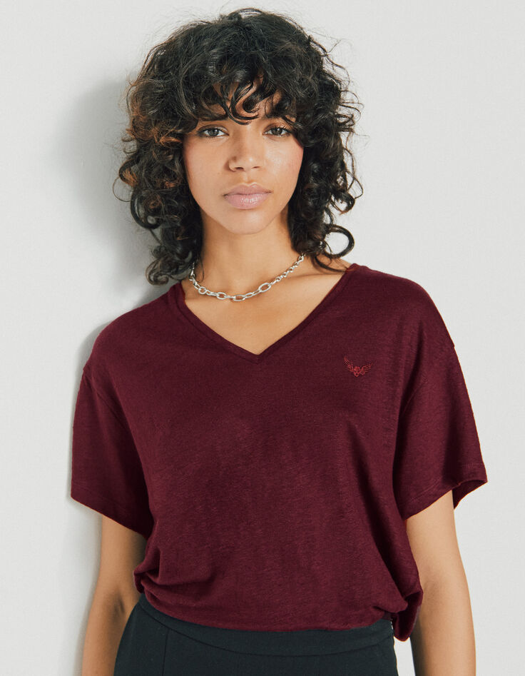 Bordeauxrotes Damen-T-Shirt aus zertifiziertem Leinen-1
