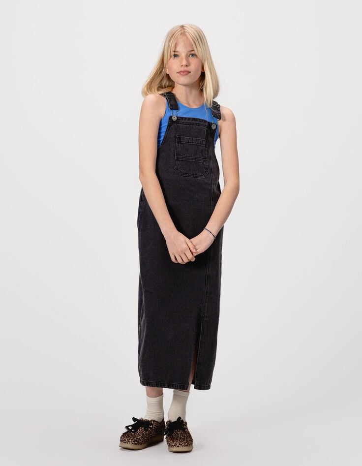 Robe-salopette midi en jean gris fendue fille-8