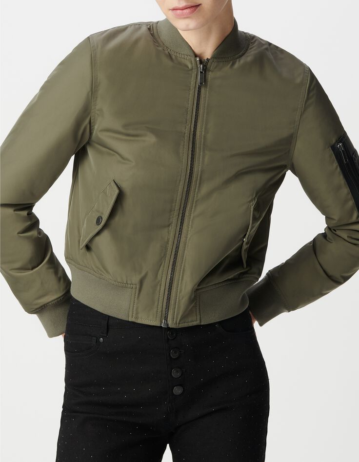 Kurzer khakifarbener Damen-Bomber mit zweiteiliger Rei&szlig;verschlusstasche-2