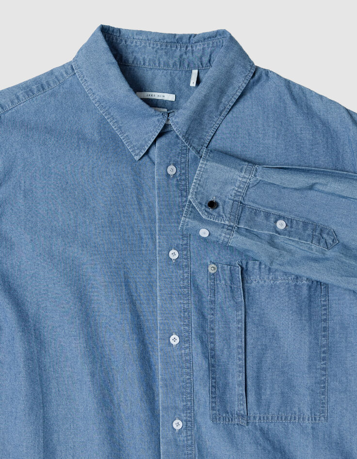 Blaues Chambray-Hemd f&uuml;r Herren mit asymmetrischer Tasche-5