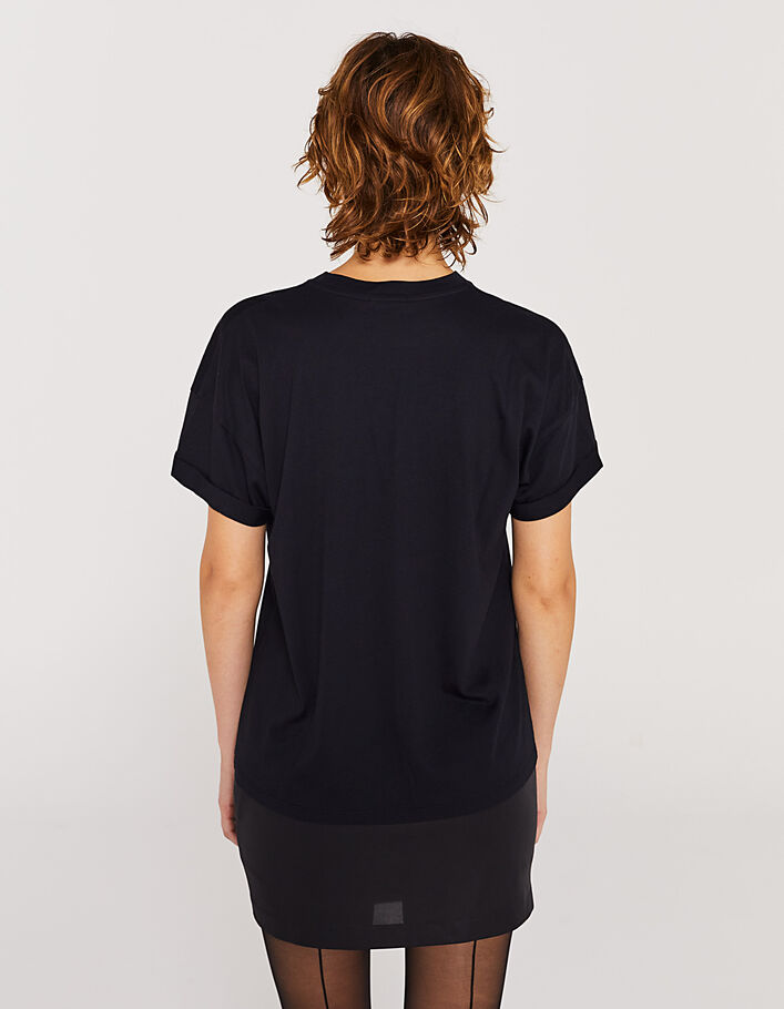Tee-shirt noir en coton modal visuel pailleté femme - IKKS