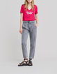 Camiseta hot pink mensaje flocado terciopelo mujer-1
