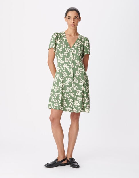 Robe courte vert satin&eacute; imprim&eacute; feuilles Femme - IKKS