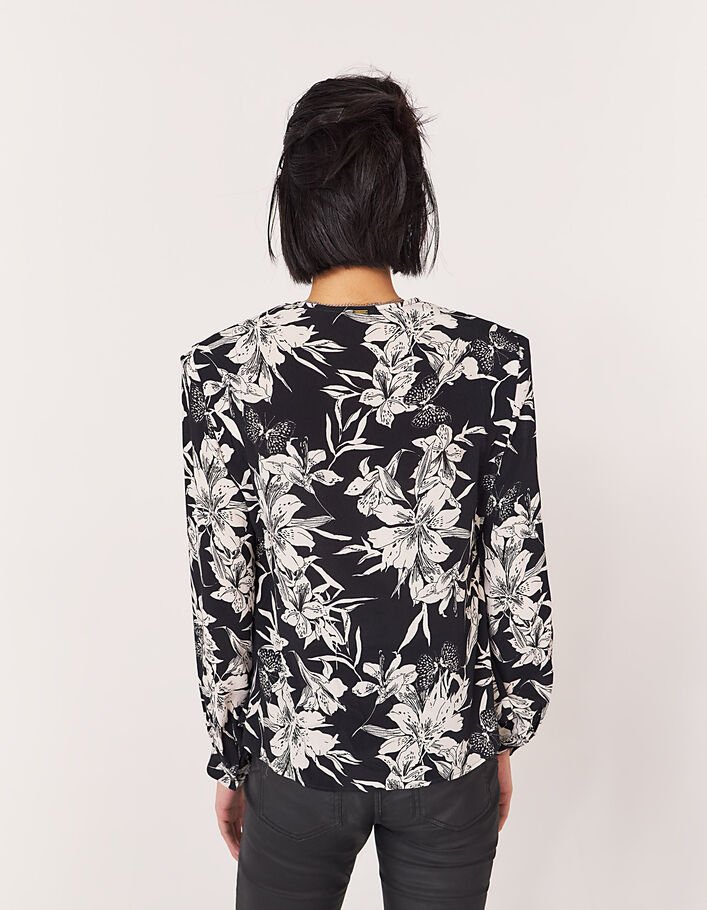 Schwarz-weiße Crêpe-Bluse mit Blumendruck für Damen-2
