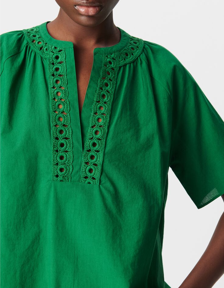 Top ample verte coton bio encolure brod&eacute;e Femme-4