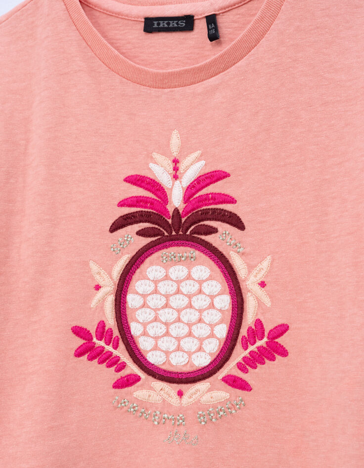 Korallenrotes Mädchen-T-Shirt mit Maxi-Ananasstickerei-3