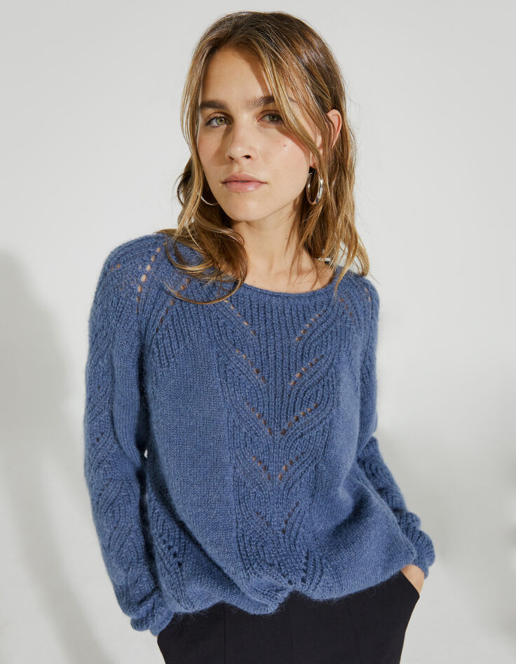 Pull en maille ajourée bleu ardoise col roulotté femme-1