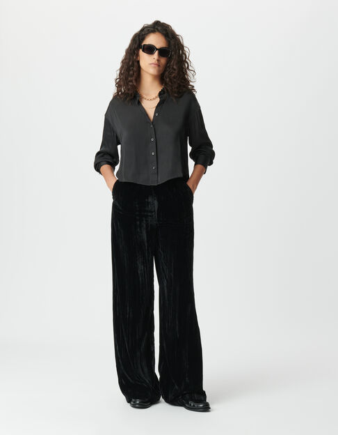 Zwarte brede broek in gekreukt fluweel Dames - IKKS