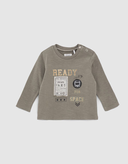 Baby boys’ khaki organic cotton T-shirt with gold marking 