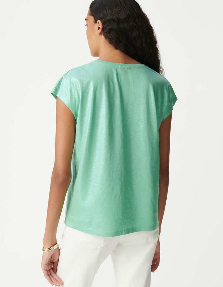 Tee-shirt col V vert maille irisée Femme-3