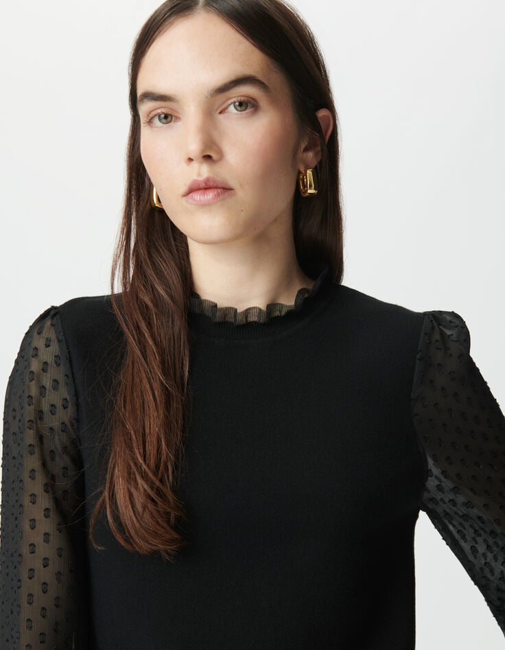 Jersey negro bimaterial punto mangas gasa plumetis mujer-4 Jersey negro bimaterial punto mangas gasa plumetis mujer-4