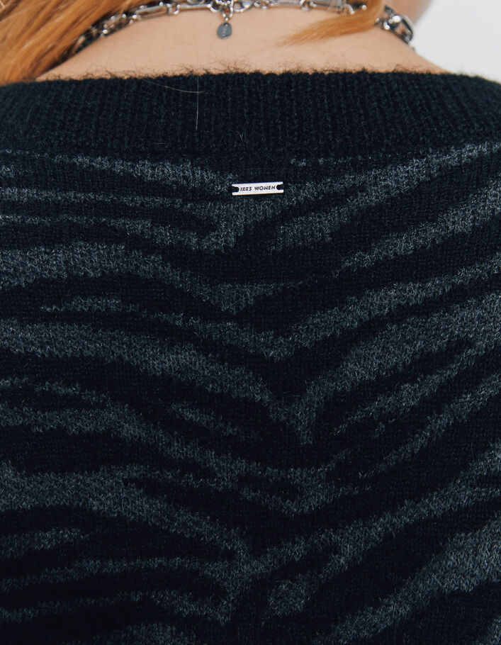 Women’s black and grey zebra-stripe jacquard short sweater - IKKS