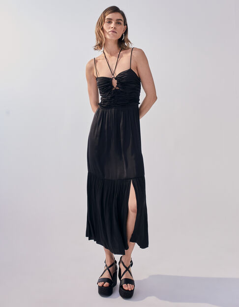 Women’s black long recycled draped front bustier dress