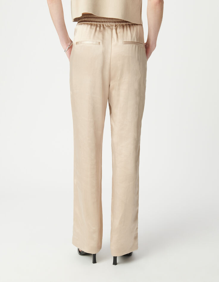 Pantalón ancho Mujer de poliéster reciclado beige con cintura elástica-4