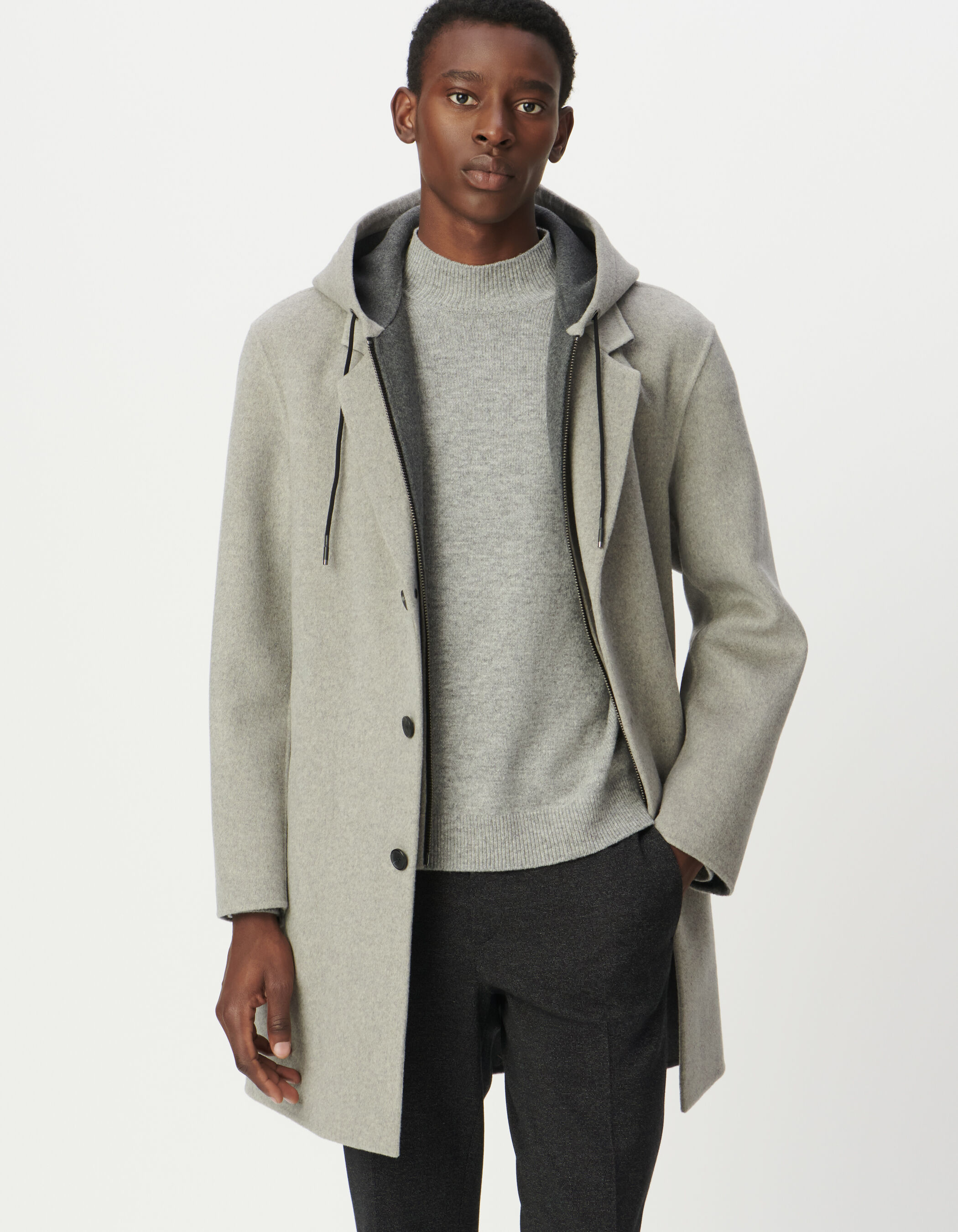 Men's grey coat with detachable hood facing