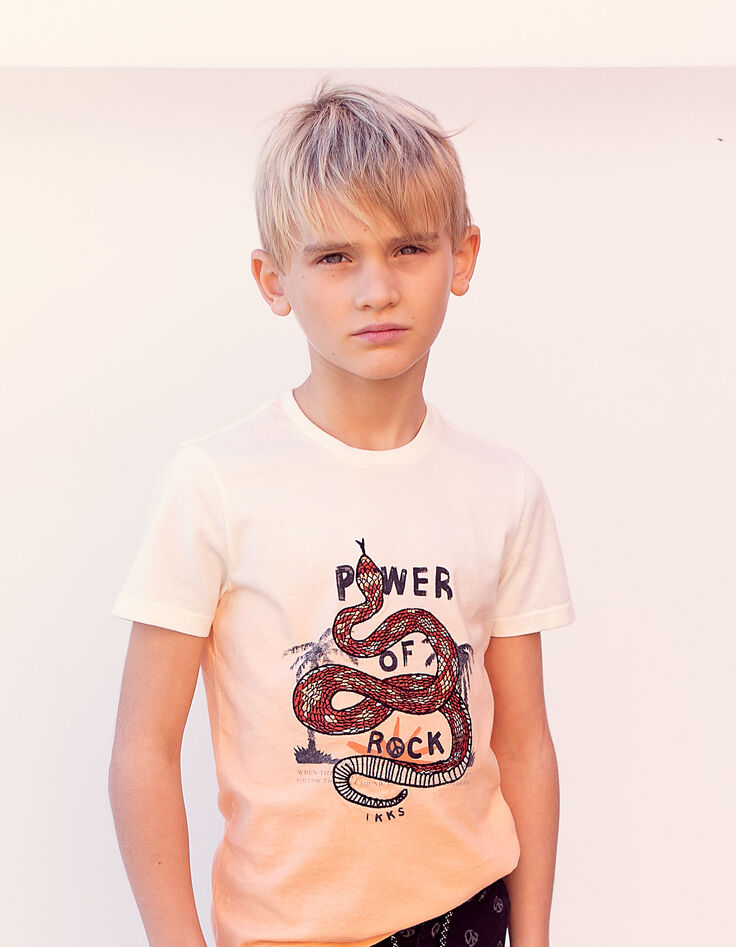 Boys’ ecru T-shirt, orange tie-dye and snake embroidery-1