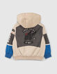 Beige, blaue und graue Jungenjeansjacke mit Patches-2