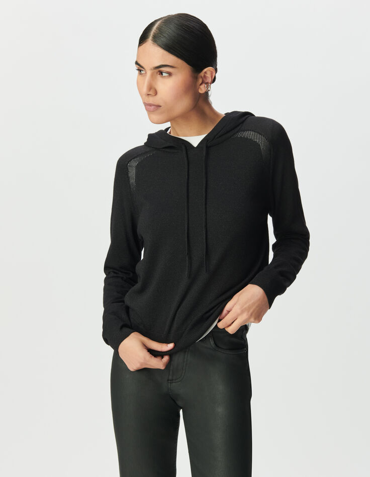 Pull à capuche noir tricot fin lurex Femme-2