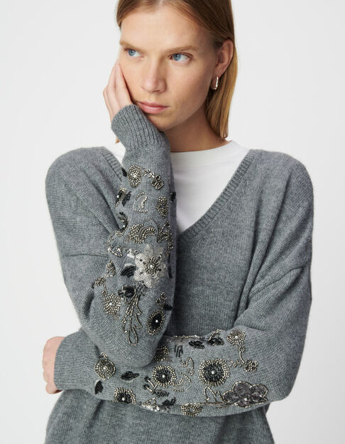 Jersey de punto gris jaspeado con detalles de joyas para mujer - IKKS