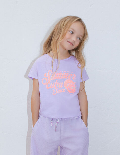Girls' lilac T-shirt with neon fruit & slogan - IKKS
