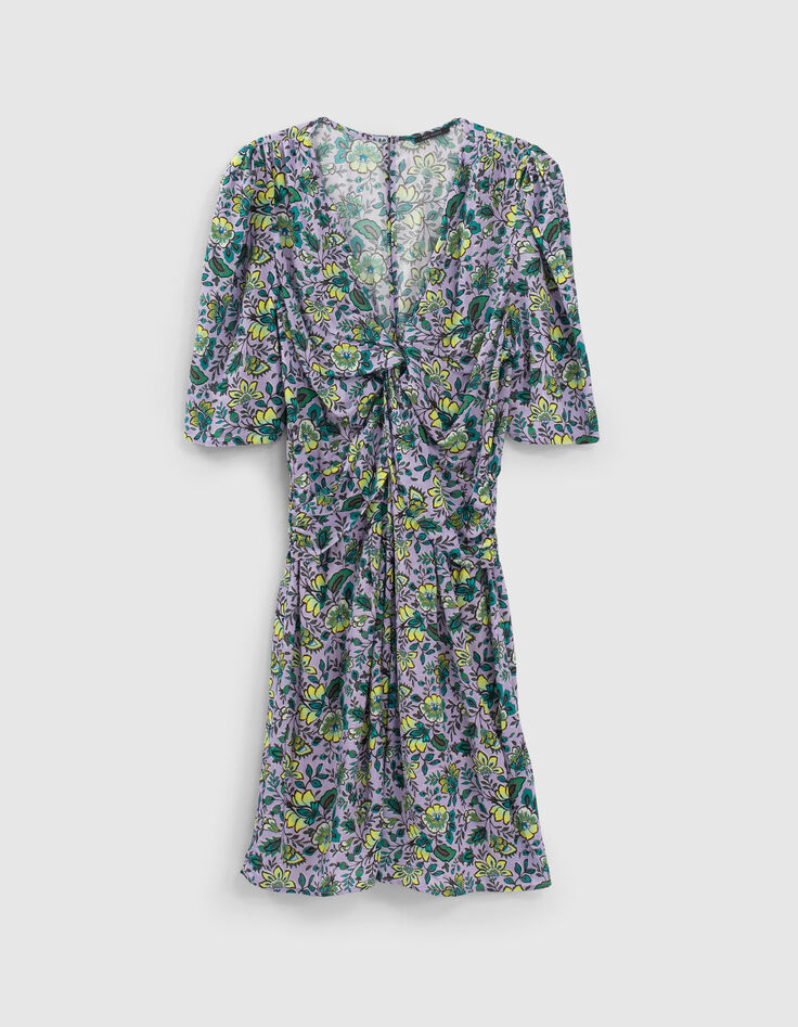 Lila Damenkleid, Drapé-Effekt, Maxi-Blumenprint-5