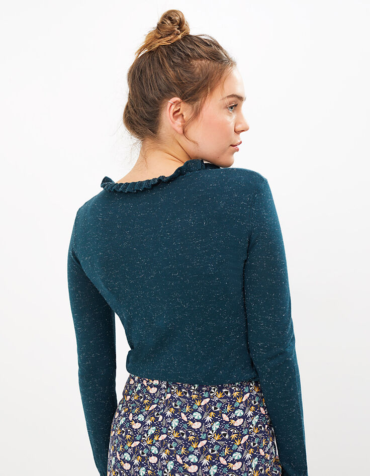 Grüner Strickpullover mit Glitzer und Plisseekragen I.Code-3