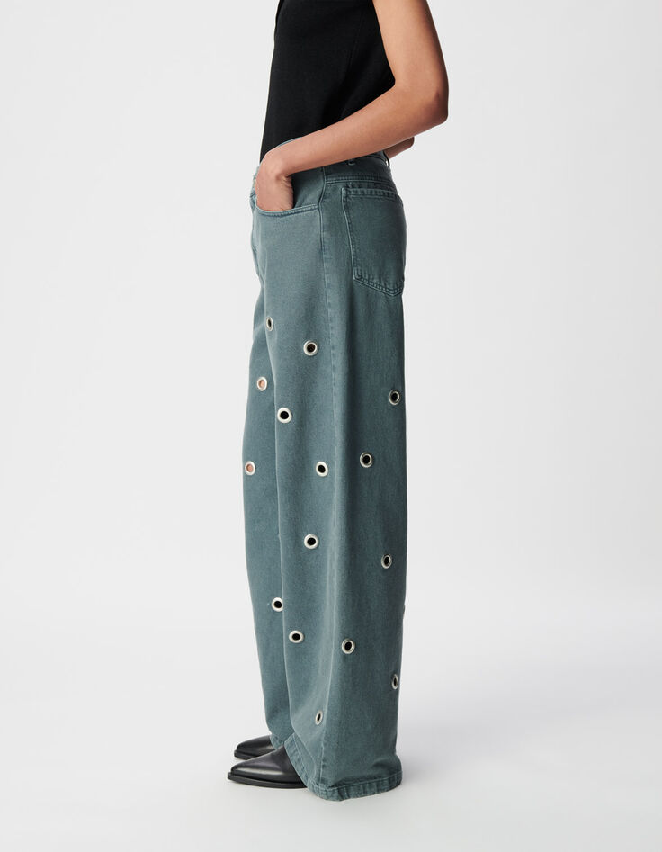 Edie Damesjeans met hoge taille en blauwe wijde pijpen met eyelet-dessin-3