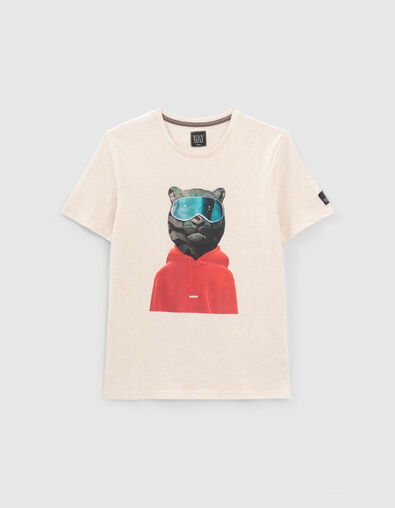 Boys’ beige marl T-shirt with camouflage bear image - IKKS