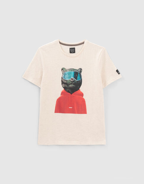 Beige meliertes Jungen-T-Shirt mit Bär und Camouflageprint