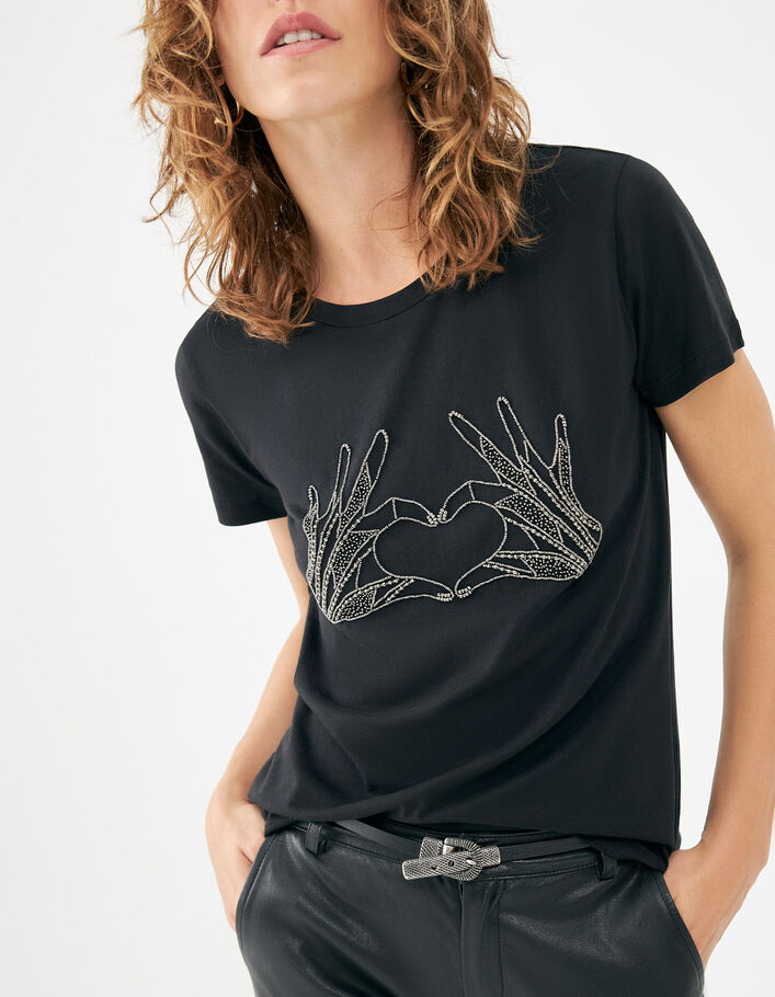 Schwarzes Damen-T-Shirt mit Grafikmotiv mit Perlenbesatz - IKKS