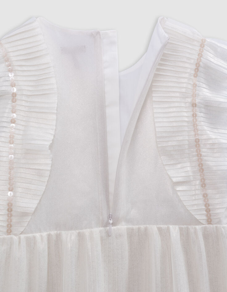 Ecru irisierendes Mädchenplisseekleid, Rüschen an Ärmeln-6