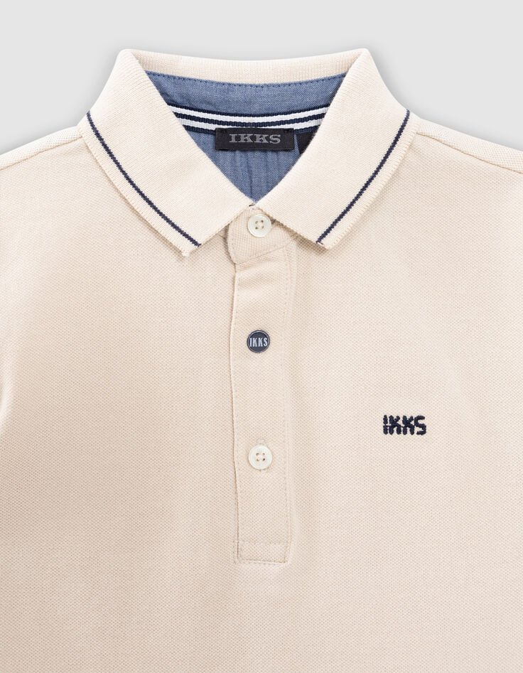Boys’ beige organic cotton polo shirt with striped collar-4